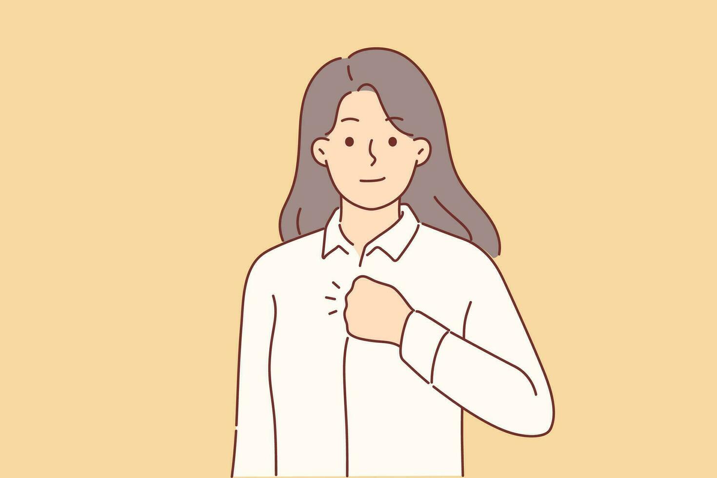 Confident woman puts fist to chest to swear oath or show determination to fight problems. Confident girl in business shirt looking at screen showing pride after achieving career success vector