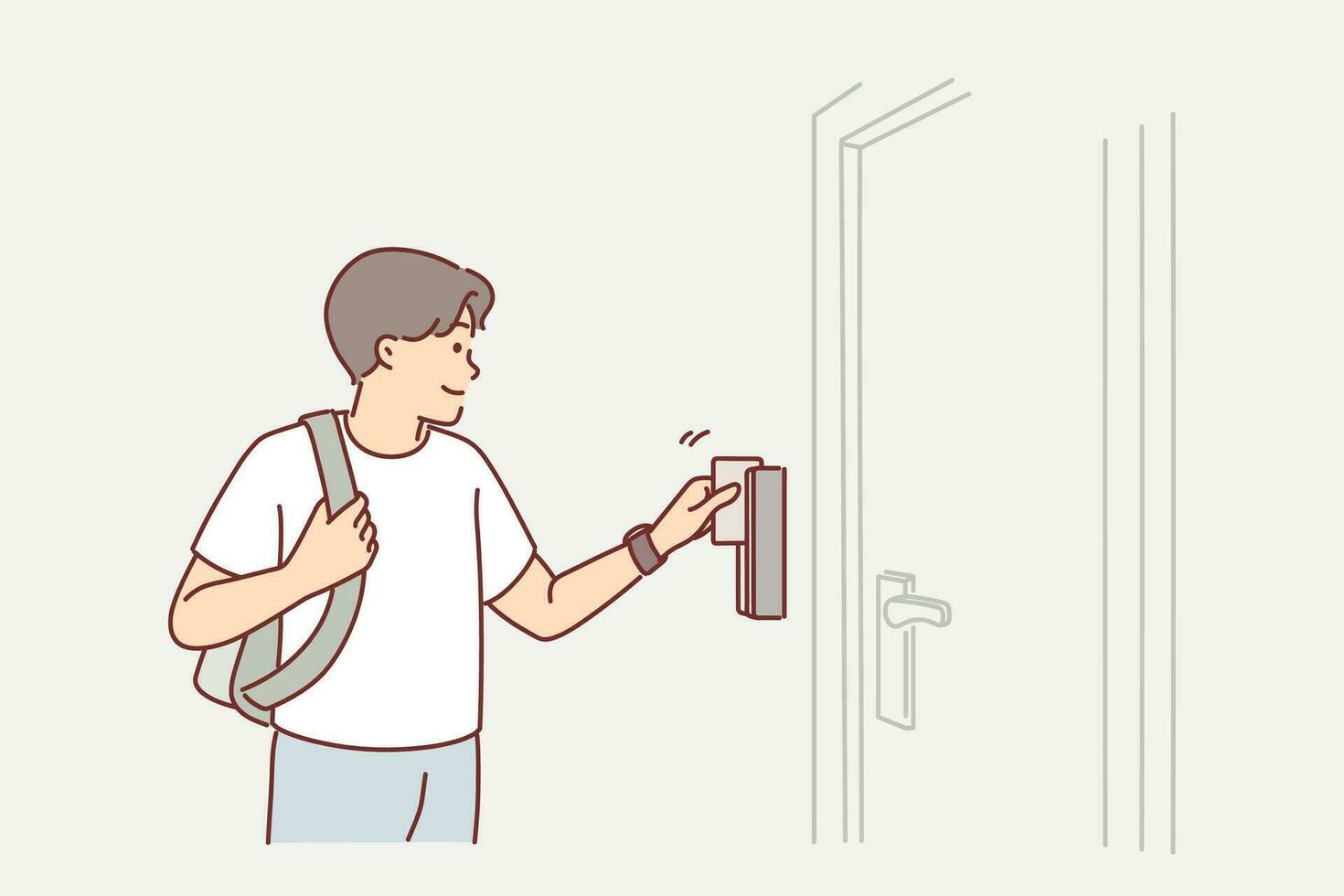 Man uses key card to open door to hotel room or hostel during tourist trip or business trip. Guy with key card opens electronic lock, gaining access to back office for company employees. vector