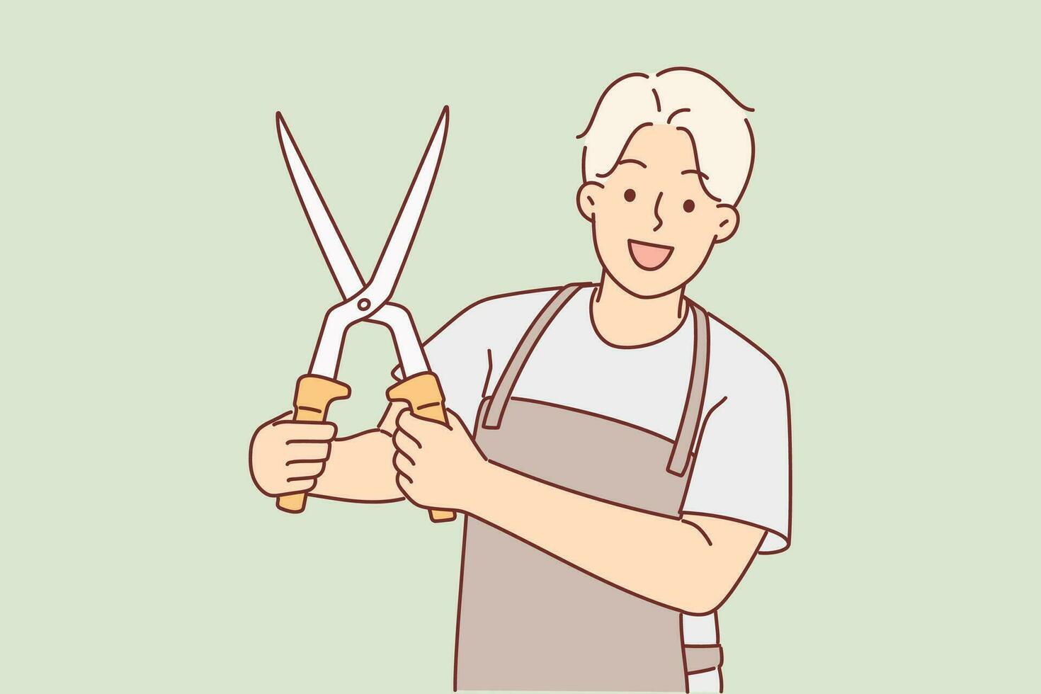 Man with garden shears in working apron demonstrates tool for trimming branches of bushes and trees in park. Young positive guy uses garden shears to take care of vegetation in backyard of own house vector