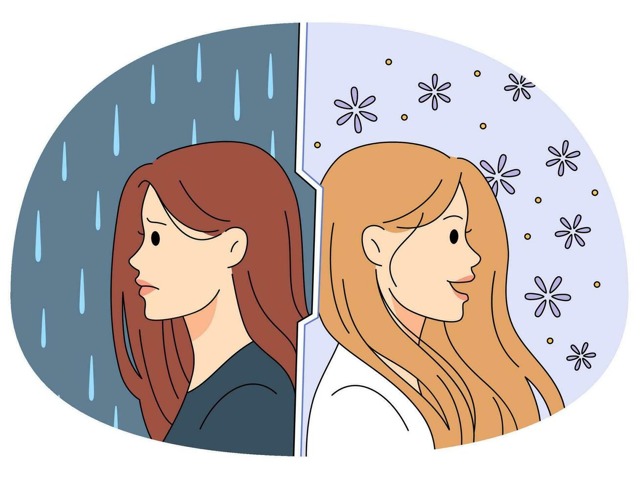 Young woman suffer from mood swing, feeling happy and sad. Girl struggle with personality or bipolar disorder. Psychological or mental problem. Vector illustration.