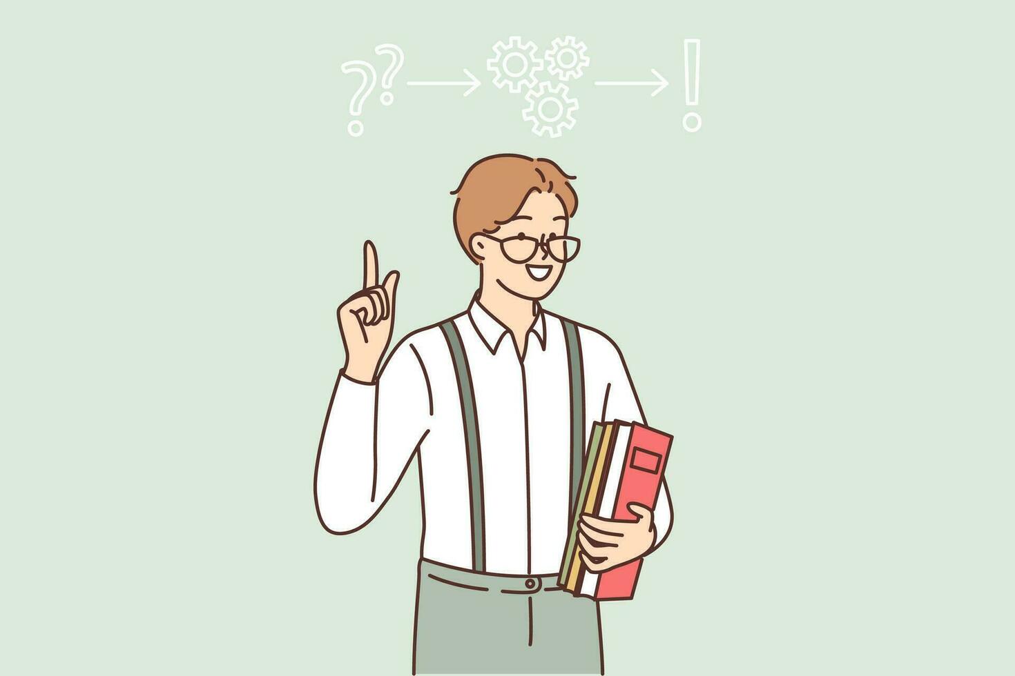 Man inventor invented solution to business problem points finger at gears with question and exclamation marks. Inventor guy with books in hands announces new idea to improve productivity vector