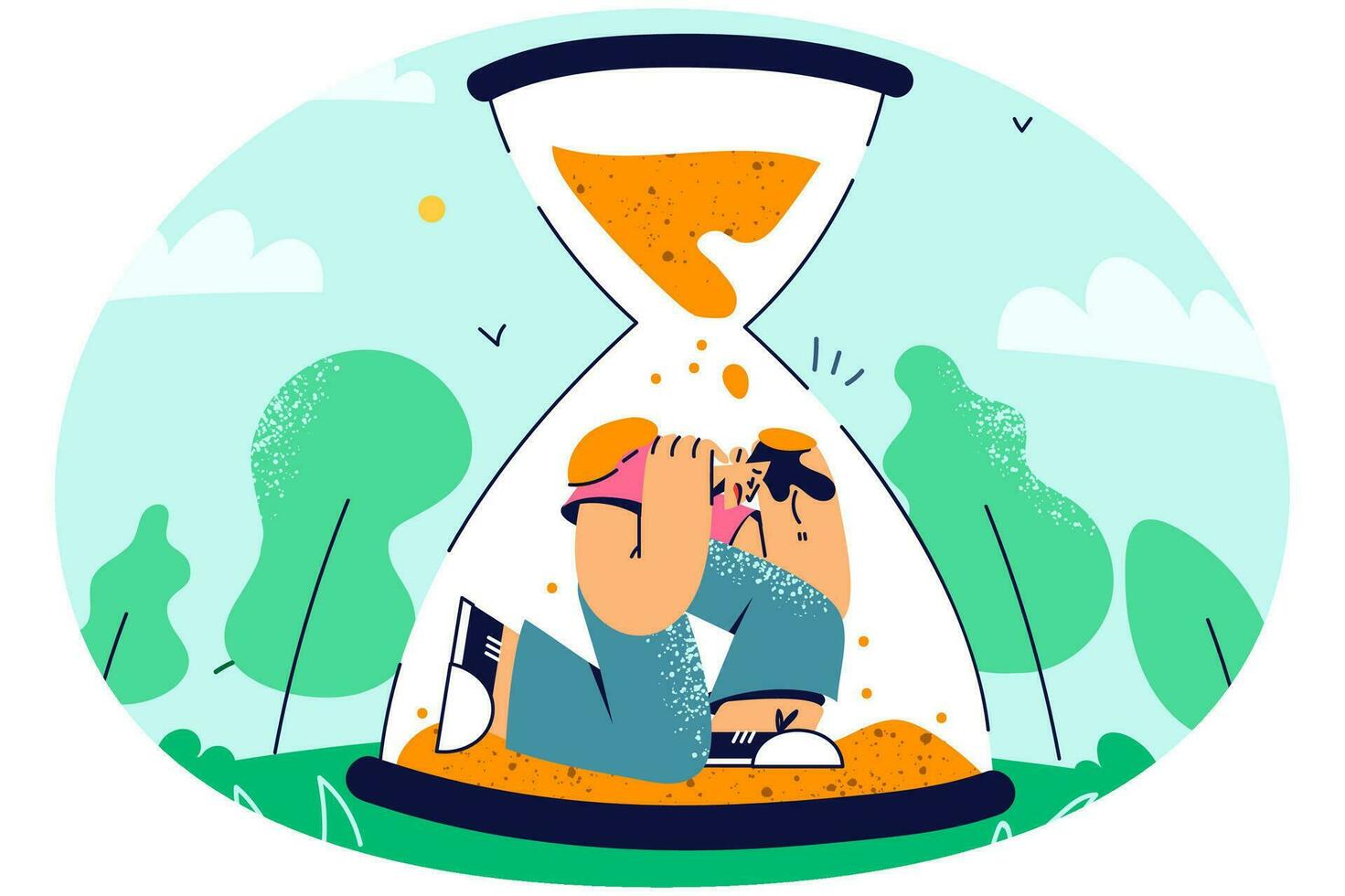 Stressed man sitting in hourglass frustrated with deadline. Unhappy distressed male count time pass. Concept of miss opportunities and time management. Vector illustration.