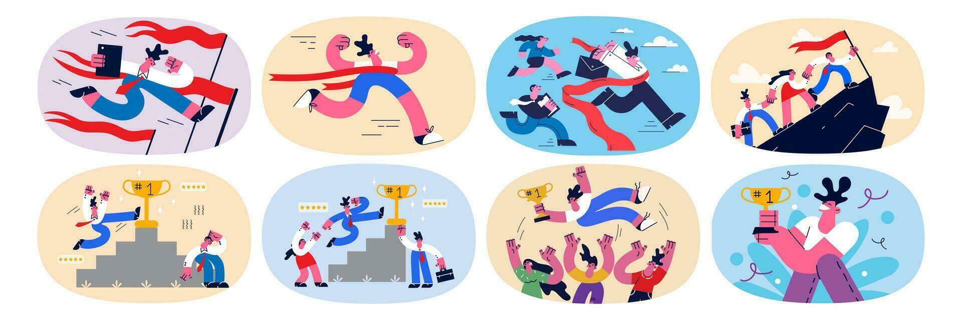 Set of happy motivated diverse employees or workers strive for success, celebrate team victory or win together. Bundle of excited businesspeople enjoy business goal achievement. Vector illustration.