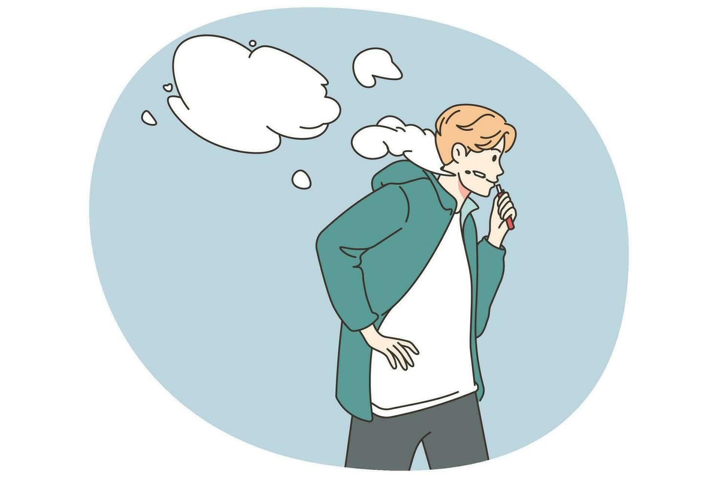 Young man walking street smoking. Teen guy enjoy vaper outdoors. Bad habit and healthcare. Vector illustration.