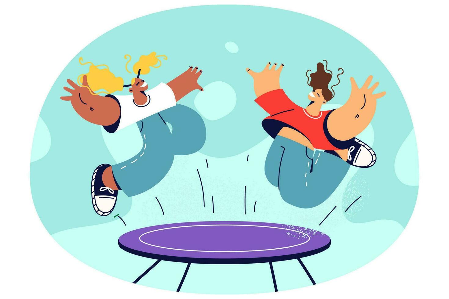 Overjoyed kids have fun jumping on trampoline outdoors. Smiling children enjoy leisure vacation or weekend outside. Childhood and recreation. Vector illustrations.