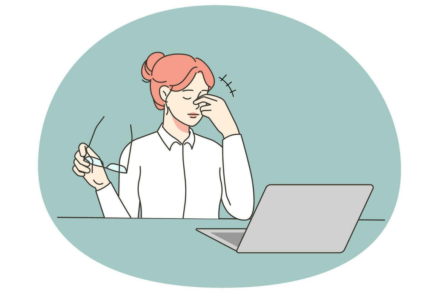 Stressed businesswoman working on computer suffer from blurry vision or dizziness. Unhealthy female employee suffer from migraine overwork on laptop. Fatigue. Vector illustration.