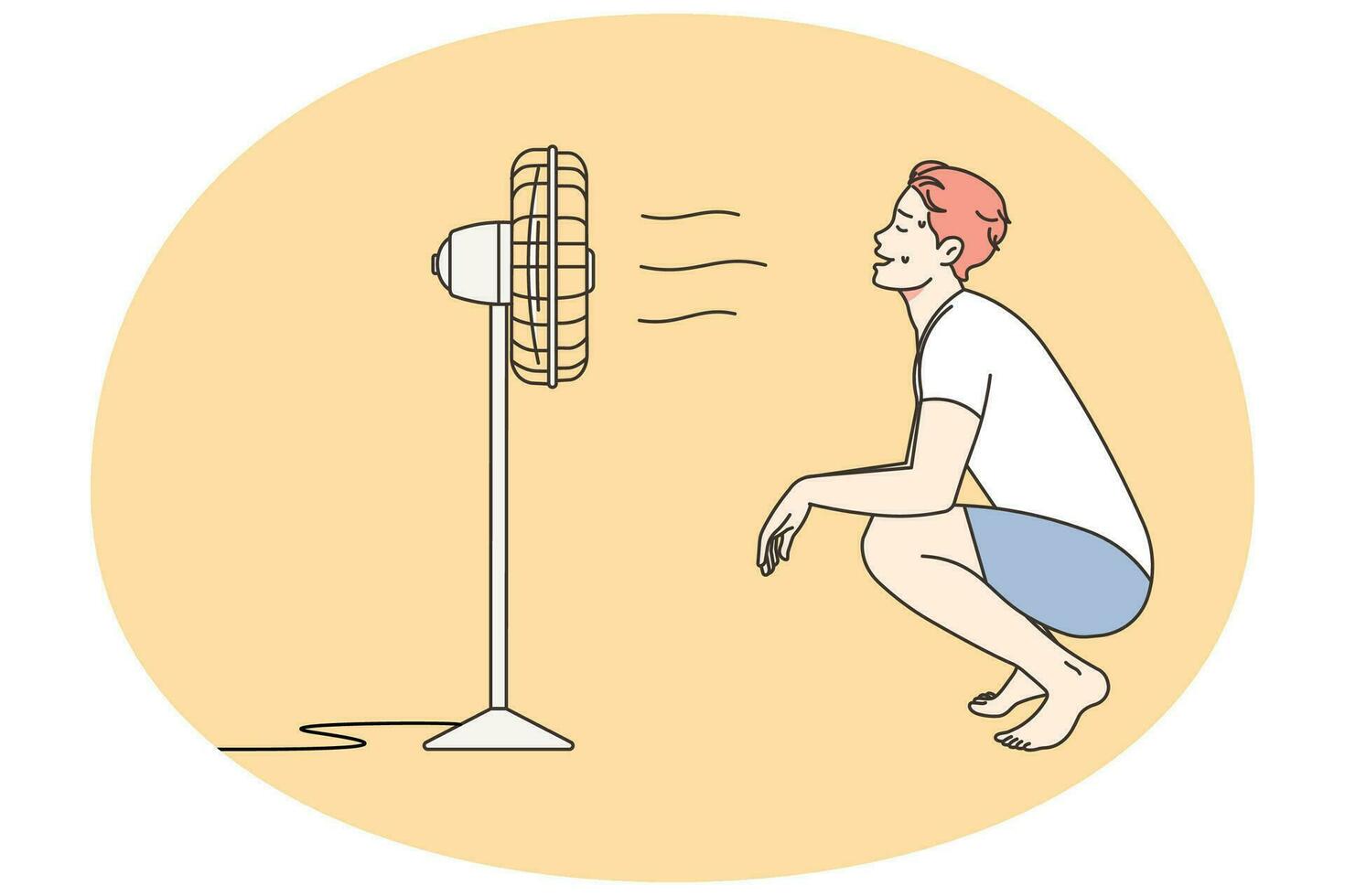 Overheated man breathe fresh air from ventilator. Male suffer from heatstroke on hot weather day stand near ventilating device. Vector illustration.