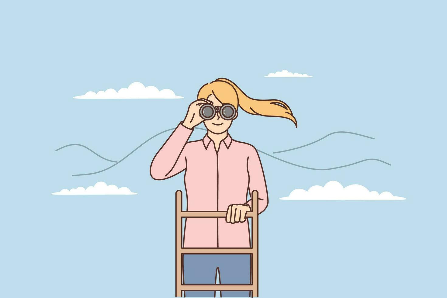 Woman leader stands at top of stairs and uses binoculars to see career opportunities or business success. Ambitious girl leader looks into distance studying actions of competitors or work colleagues vector