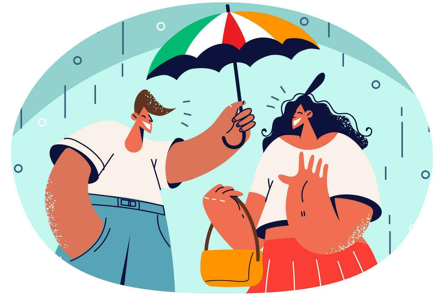 Smiling man cover woman with umbrella give helping hand in rain. Caring male protect lady in rainy weather. Good deed and gentleman behavior. Vector illustration.