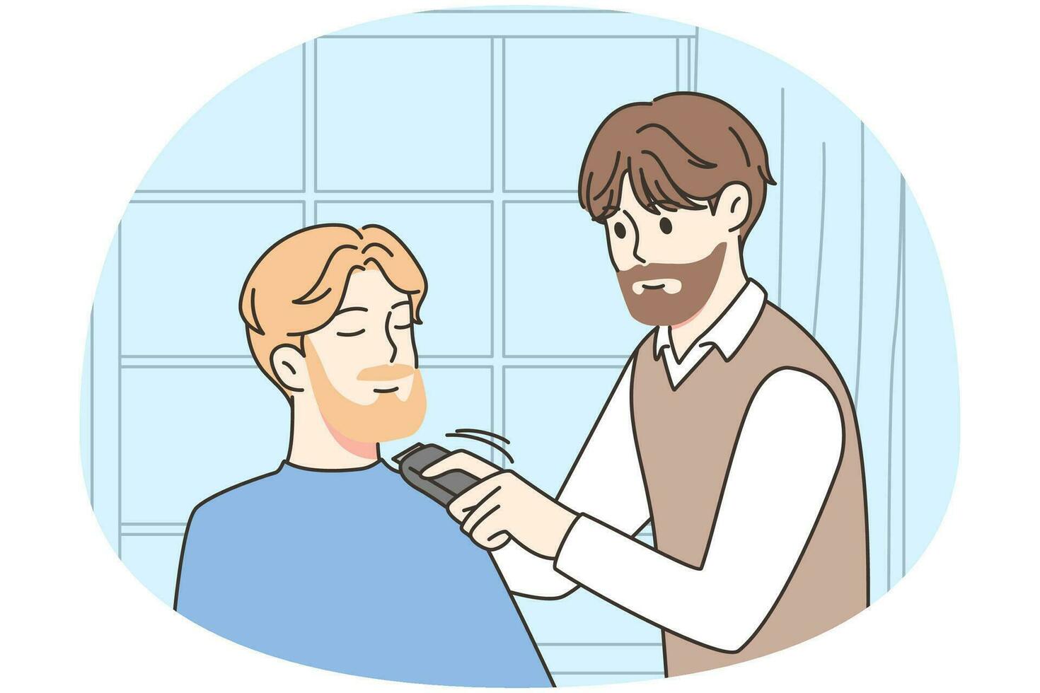 Barber shaving male client beard in barbershop. Hairstylist work with man customer at saloon. Beauty and hair care. Vector illustration.