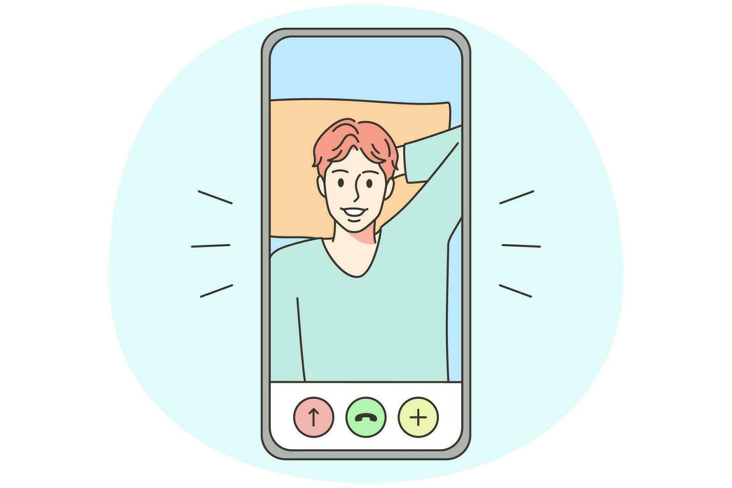 moderno teléfono inteligente con sonriente joven hombre en pantalla en vídeo llamar. contento masculino hablar en cámara web en móvil teléfono. en línea comunicación. vector ilustración.