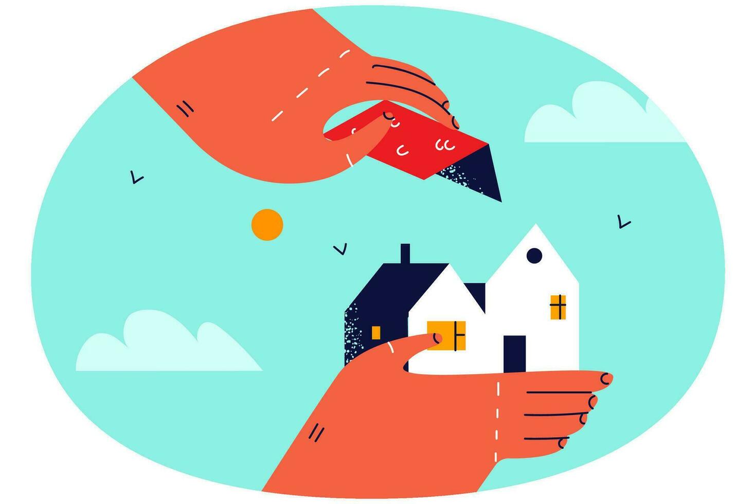 Hands putting roof on tiny house maquette. Person attach rooftop to home model. Real estate and rental concept. Vector illustration.