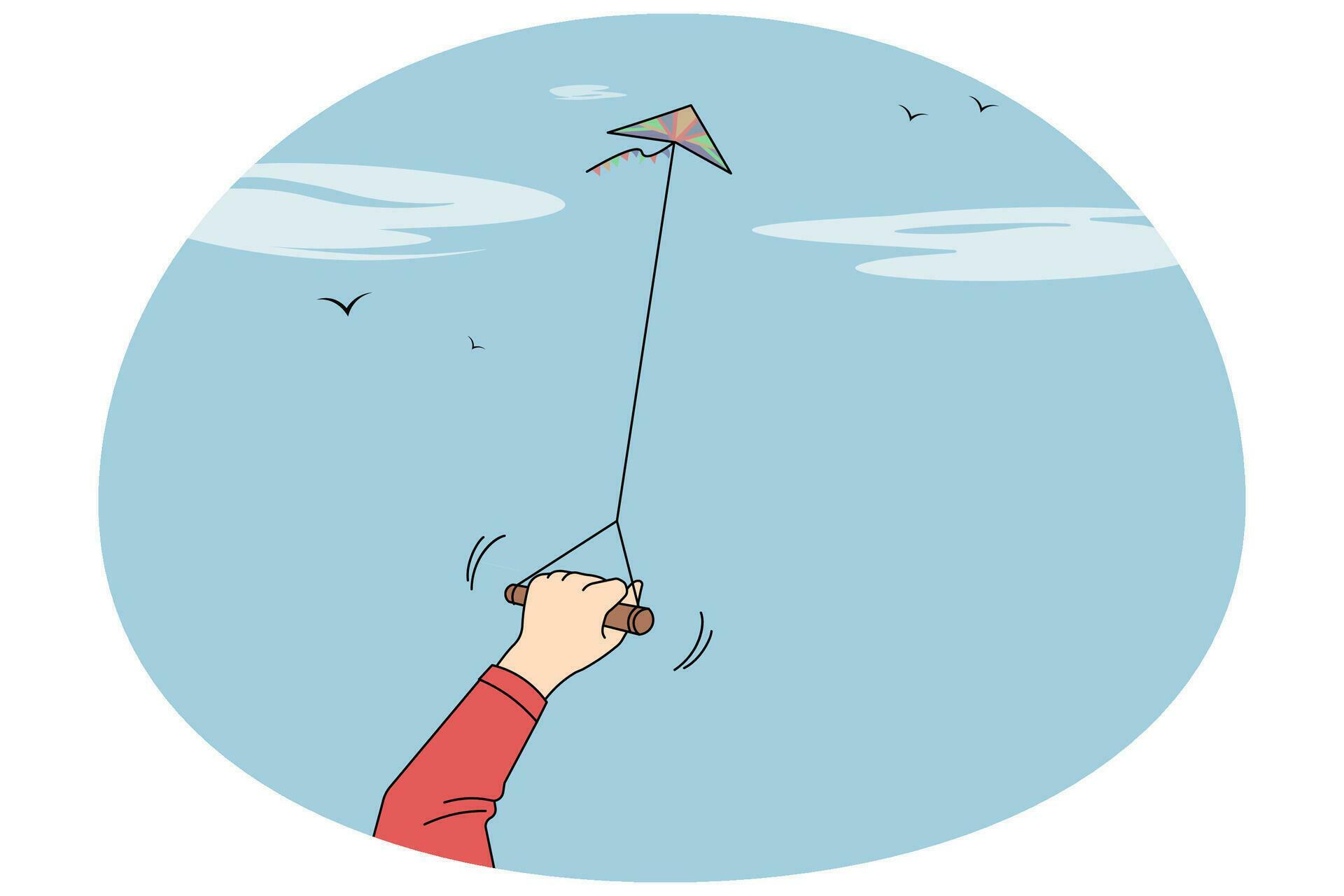 Person holding paper kite flying in air. Child have fun enjoy outdoor