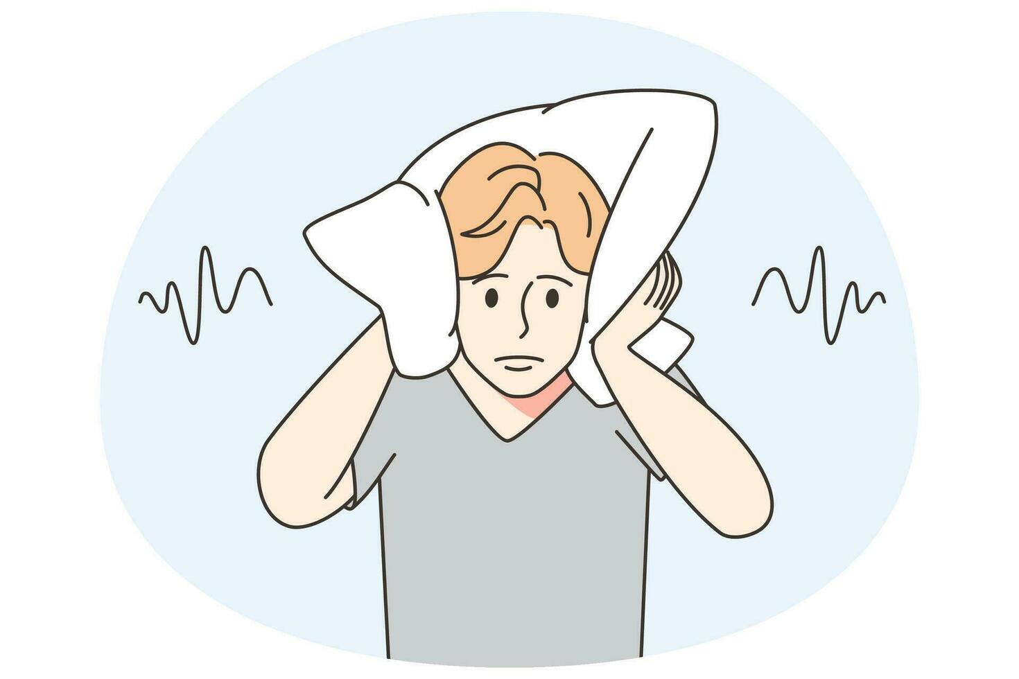 Man covering ears with pillow unable to stand noise. Unhappy male avoid