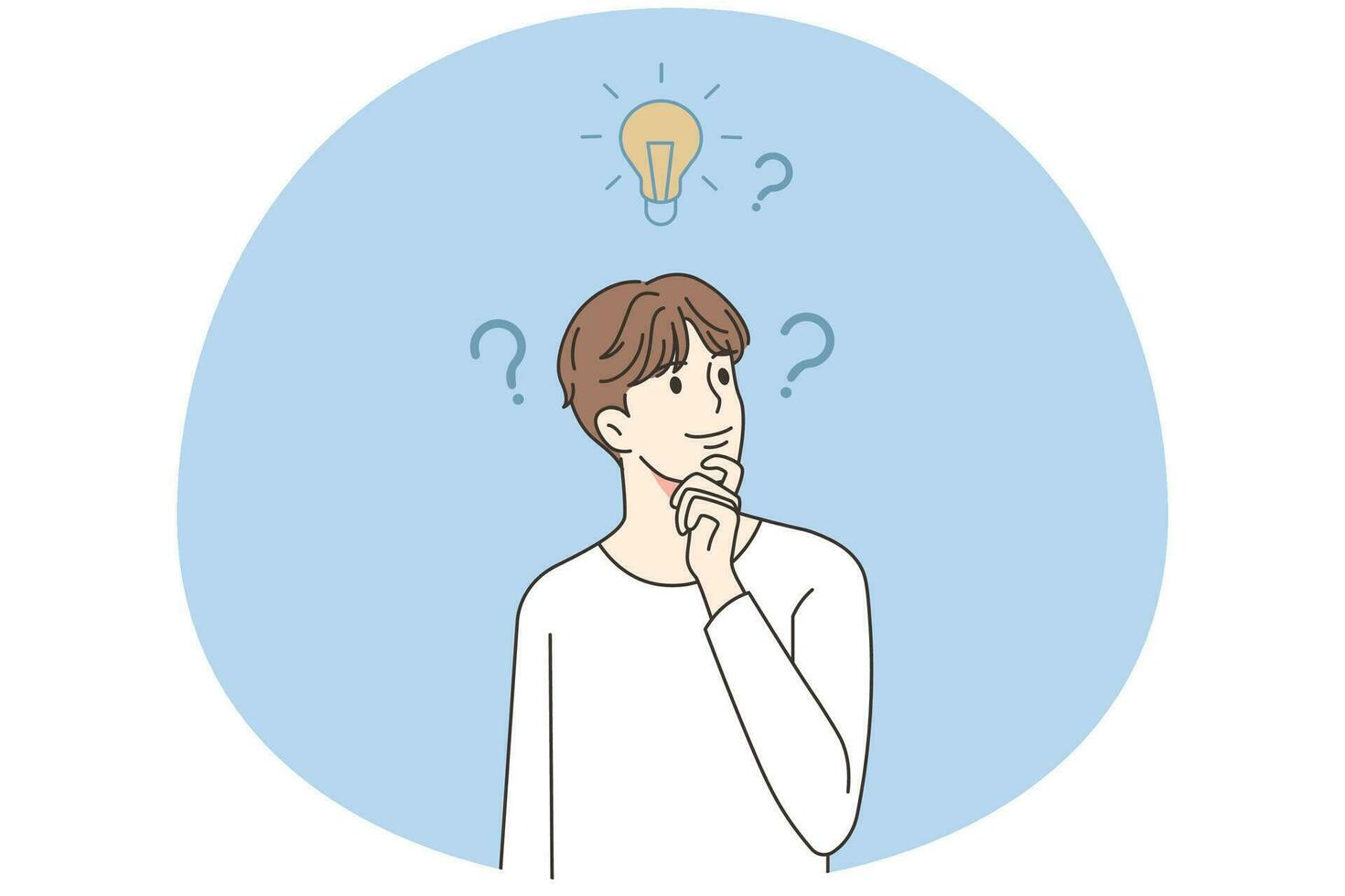 Young man feel confused brainstorm about innovative business idea. Curious male with lightbulb above head thinking about problem solution. Vector illustration.