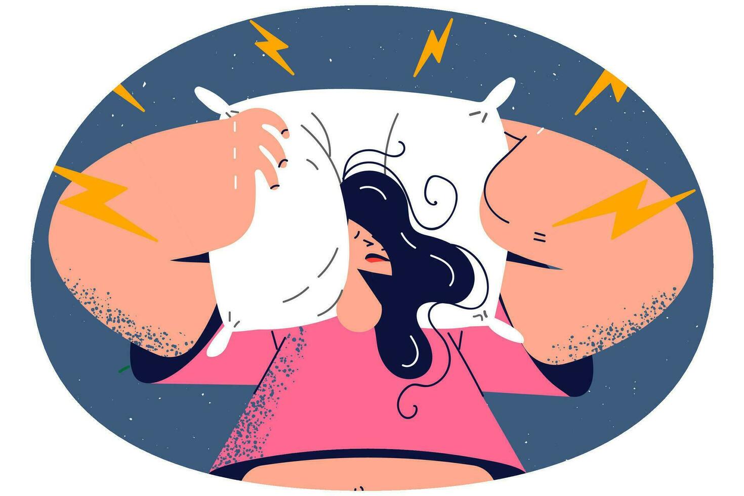 Stressed woman cover ears with pillow suffer from noise. Upset unhappy female bothered annoyed with loud noises. Vector illustration.