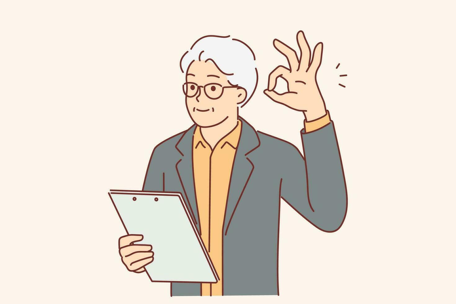 Elderly businessman showing OK gesture and holding clipboard checking work of subordinates or contractors. Gray-haired man making affirmative OK sign with fingers demonstrating approval of plan vector