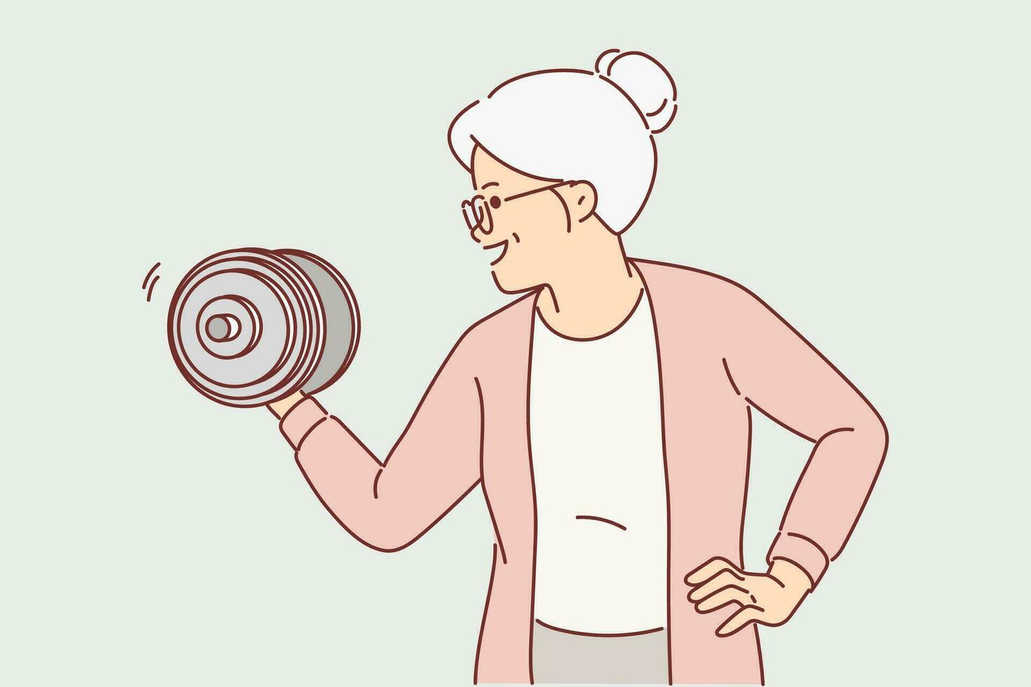 Strong grandmother lifts dumbbell wishing to remain powerful and energetic after retirement. Elderly grandmother is happy to go in for sports or fitness lifting weights to strengthen arms vector