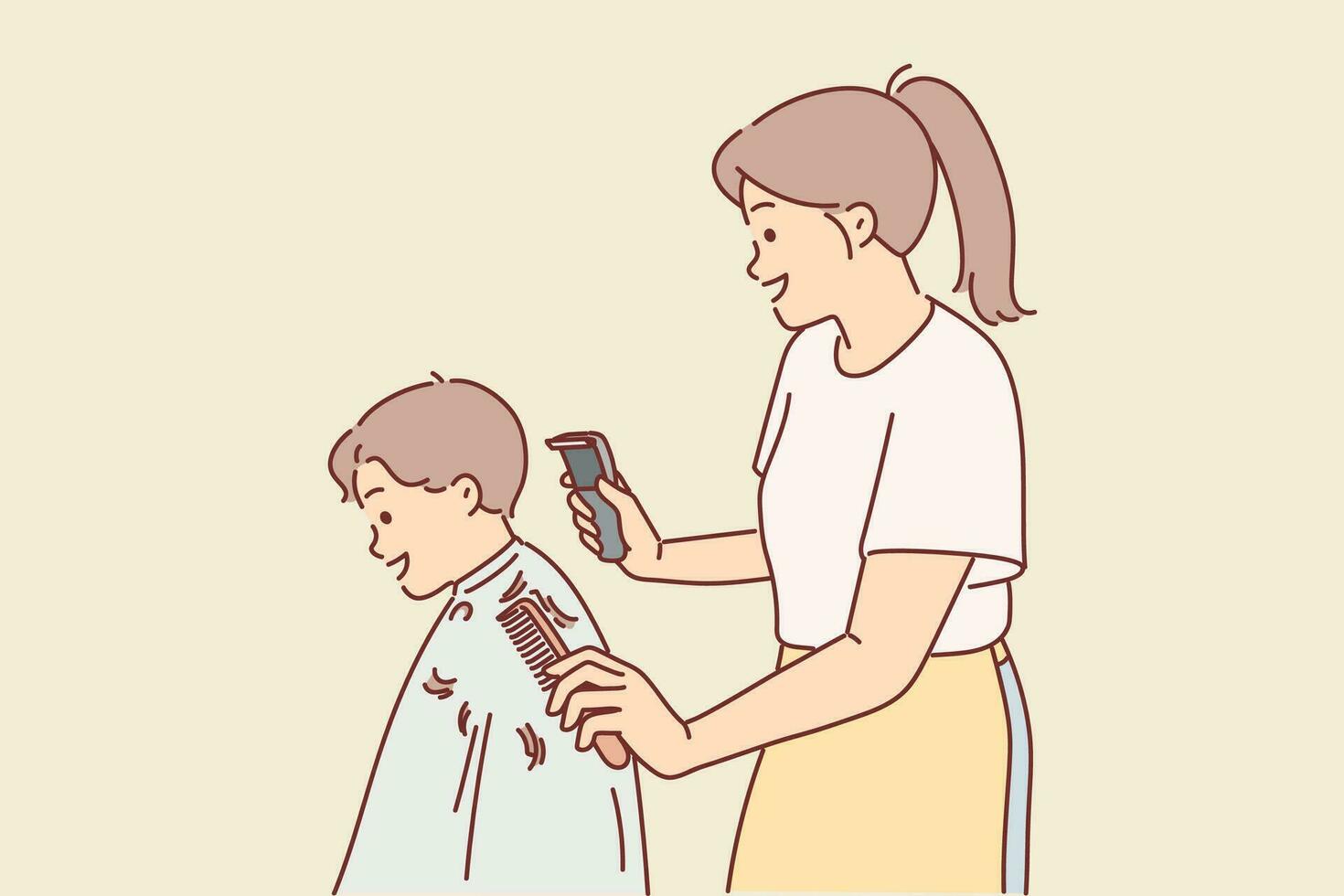 Woman children hairdresser cuts little boy hair and holds trimmer and comb in hands. Girl hairdresser serves client of elementary school student or makes fashionable hairstyle for child. vector