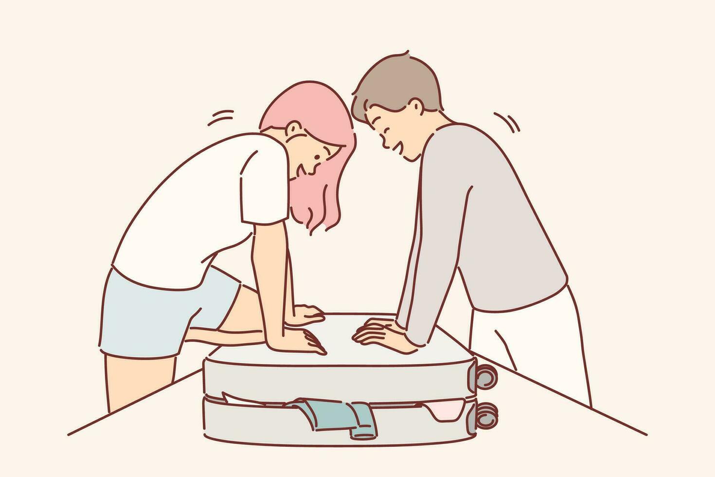Couple is packing up luggage for travel and trying to close overstuffed suitcase full of clothes. Happy man and woman packing travel bag for vacation trip feeling joyful anticipation of voyage vector