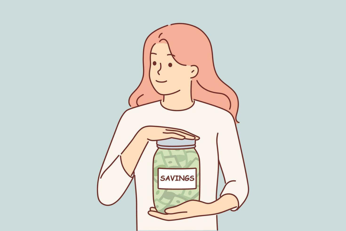 Woman holds jar with savings refusing to keep money on bank deposit and not trusting investment companies. Young girl savings money for cherished dream or life after early retirement vector
