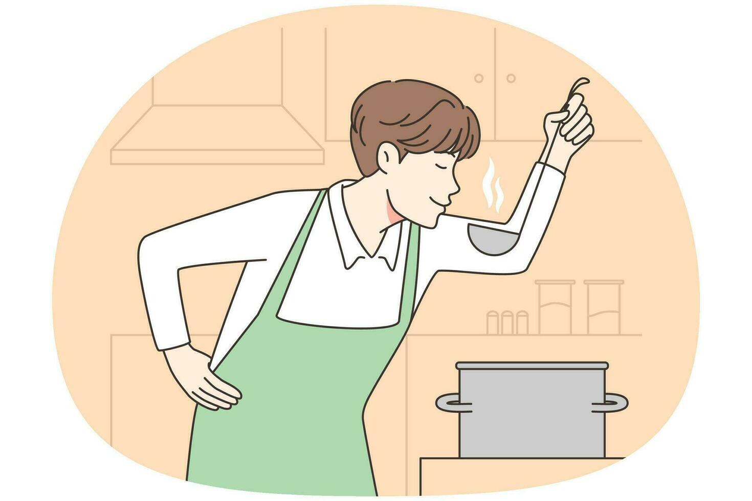 Male cooking soup at home kitchen. Happy man tasting food preparing dinner. Chef at work. Vector illustration.