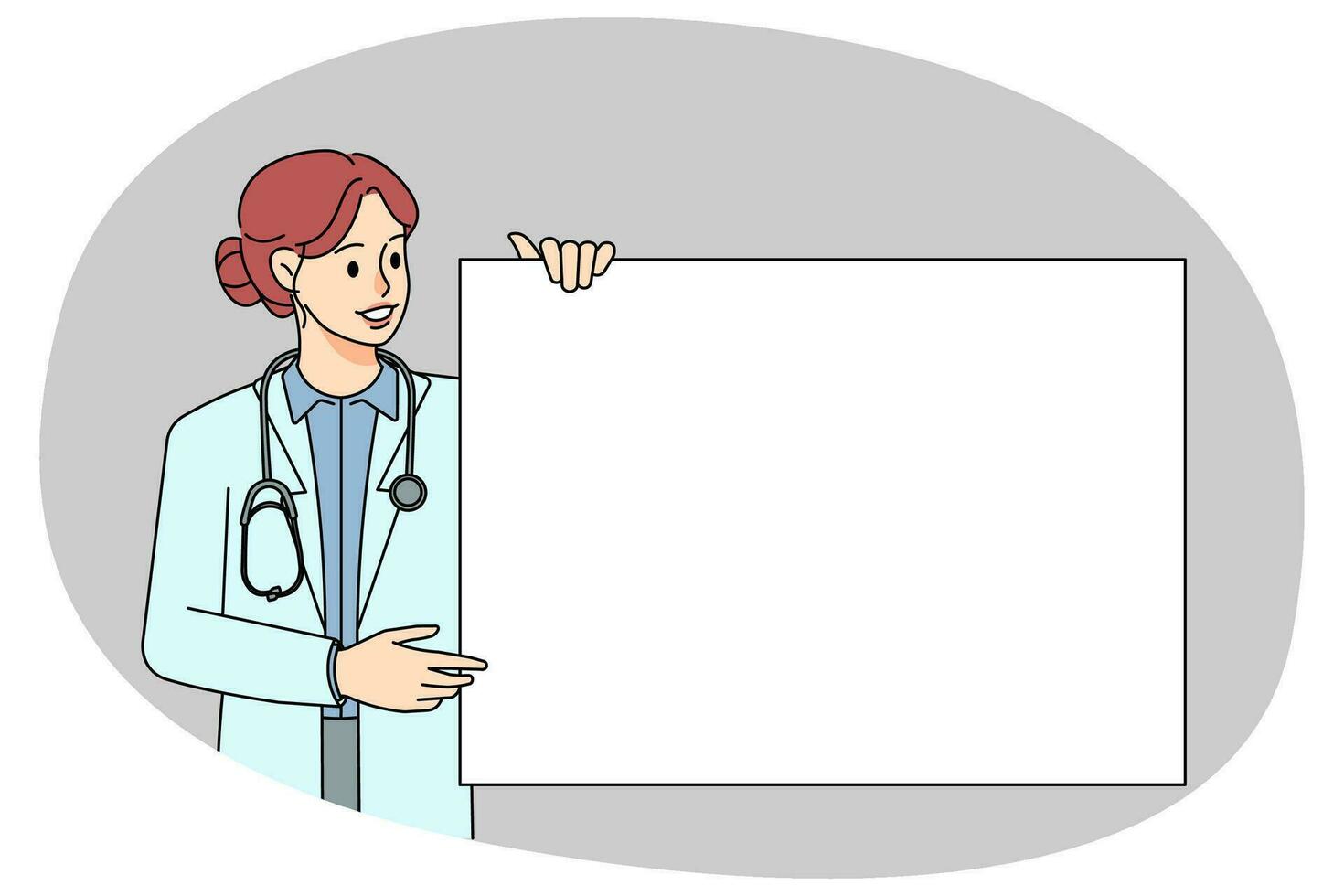 Female doctor in medical uniform holding banner with blank copy space. Smiling woman nurse show mockup placard or paper. Recommendation or advertising. Vector illustration.