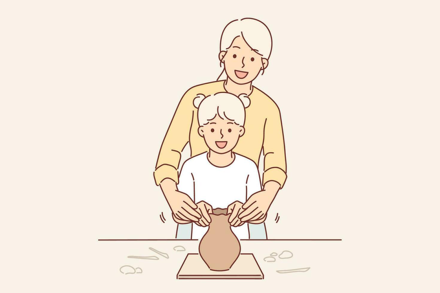 Girl and mother are making ceramic jug enjoying hobby of pottery and developing fine motor skills of hands. Young woman teaches daughter how to make pottery and create dishes from clay. vector