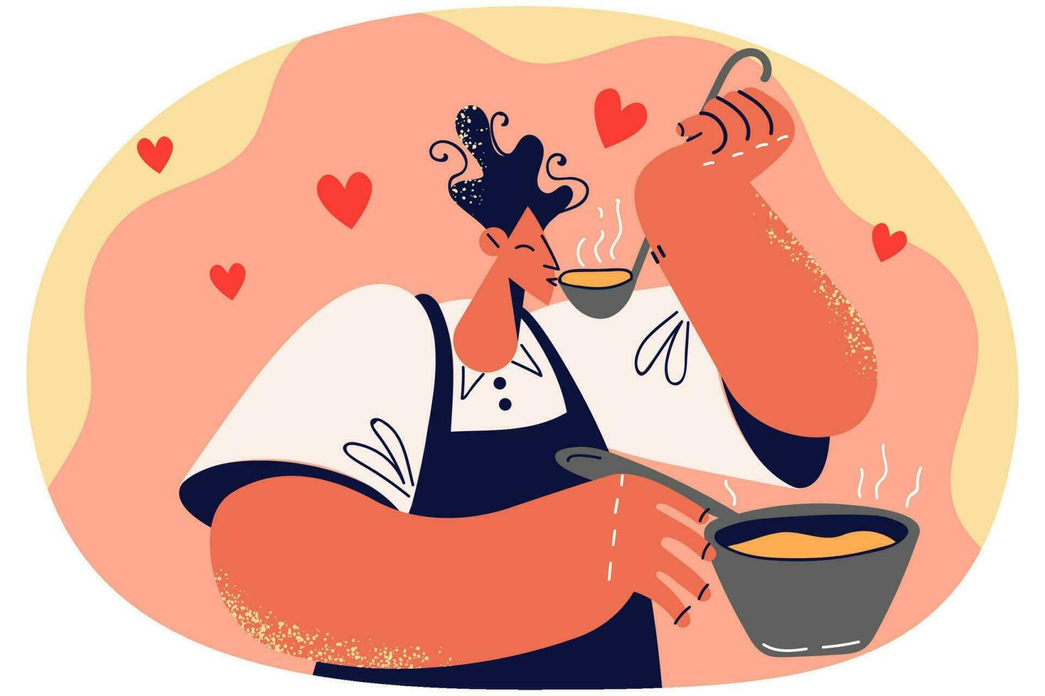 Happy male chef tasting food from pan. Smiling man in apron cooking preparing food at home. Hobby and culinary concept. Vector illustration.