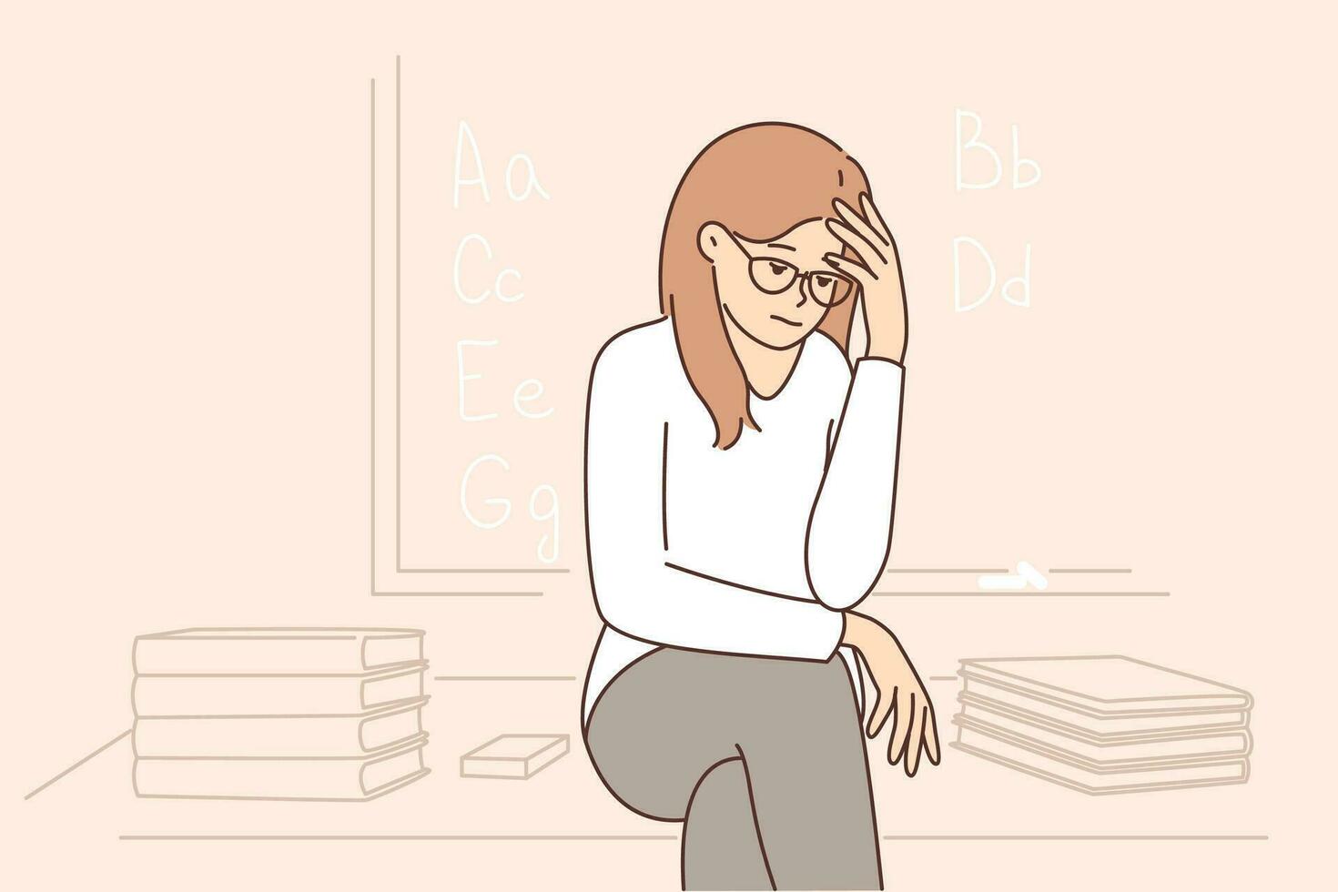 Sad girl student sits near blackboard and gets upset because of lack of prospects after receiving education. Teenage high school student suffers from melancholy and needs help of child psychologist vector