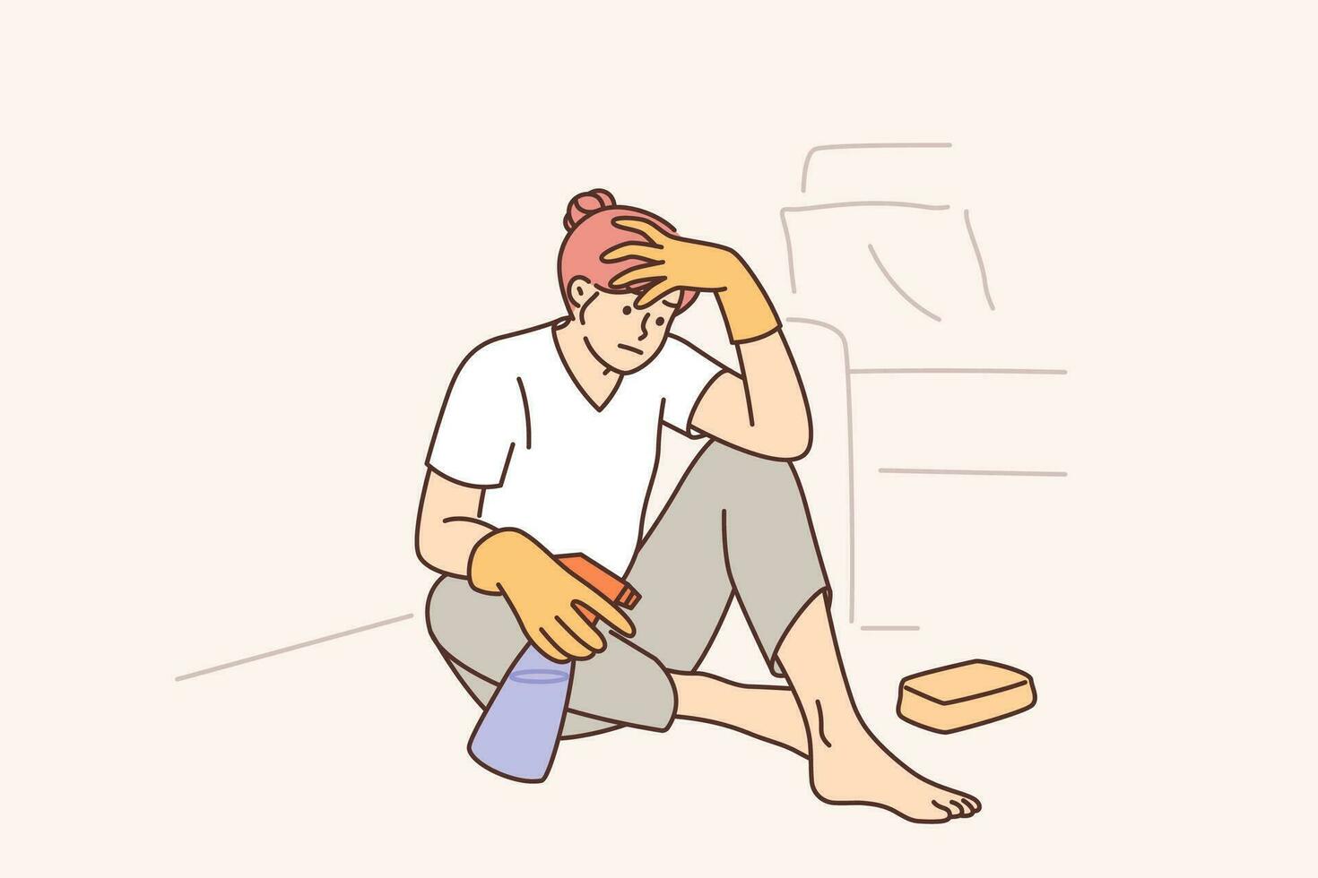 Tired woman housewife cleaning up trying to wipe stain from carpet and sits on floor with desperate look. Girl doing housework and cleaning up feeling burnt out due to lack of success in career vector