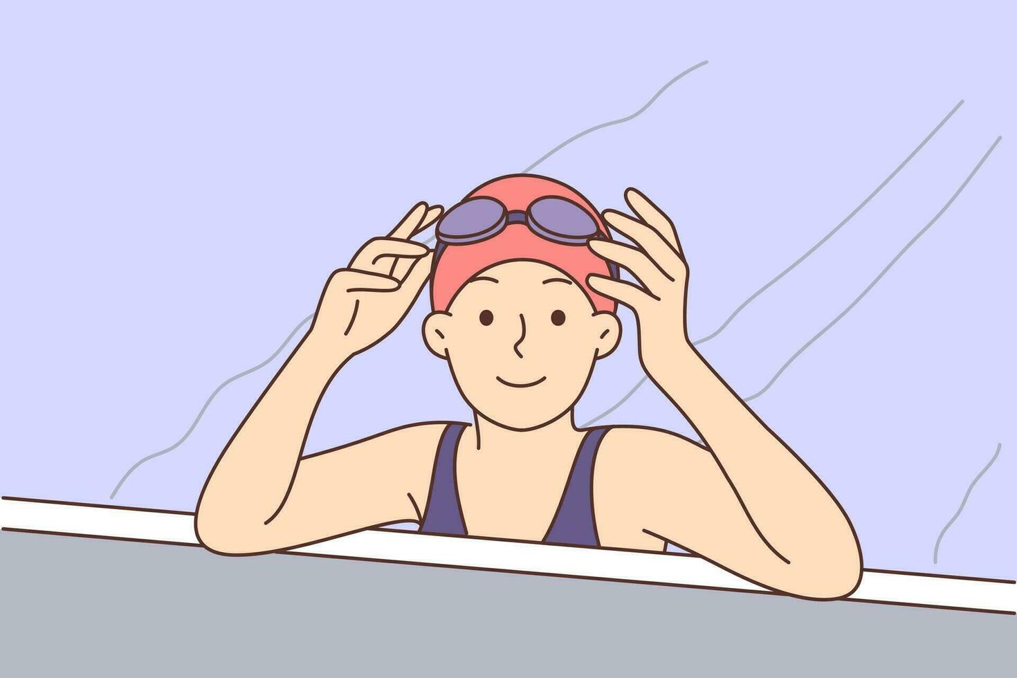 Little girl swims in pool and leaning on side looks at screen taking off diving goggles. Happy child in bathing suit is learning sports swimming or relaxing in hotel pool with parents vector