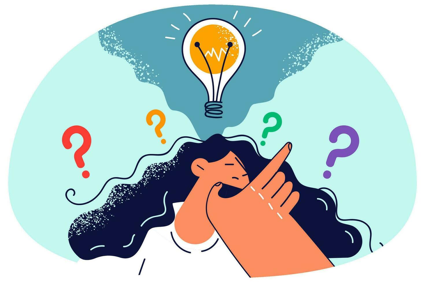Confused woman with lightbulb above head thinking of problem solution. Pensive female generate creative innovative business idea. Innovation. Vector illustration.