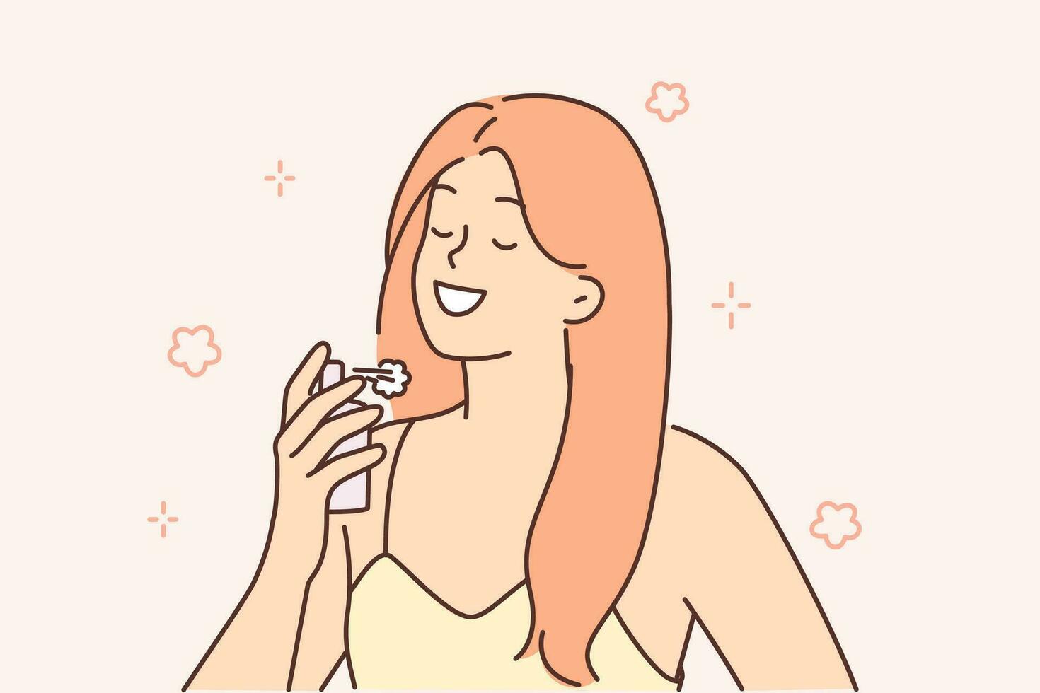Woman sprinkles perfume on neck wanting to smell delicious at party or ceremonial event. Beautiful girl in evening dress holds bottle of perfume and smiles, demonstrating femininity and charm. vector