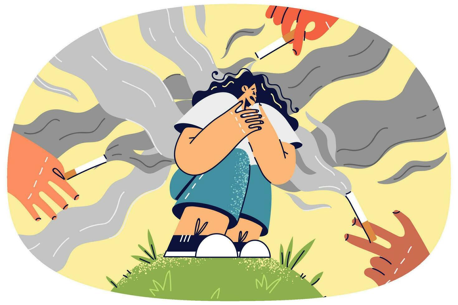 Unhappy girl suffer from people smoking near. Upset woman struggle with health problems with people with cigarettes near. Passive smoker. Vector illustration.
