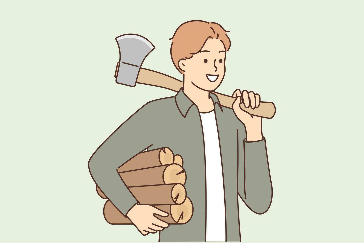 Man lumberjack holds ax and logs for making fire during hike or camping with night halt. Lumberjack guy prepared branches for kindling fireplace in house and creating cozy atmosphere in cottage vector