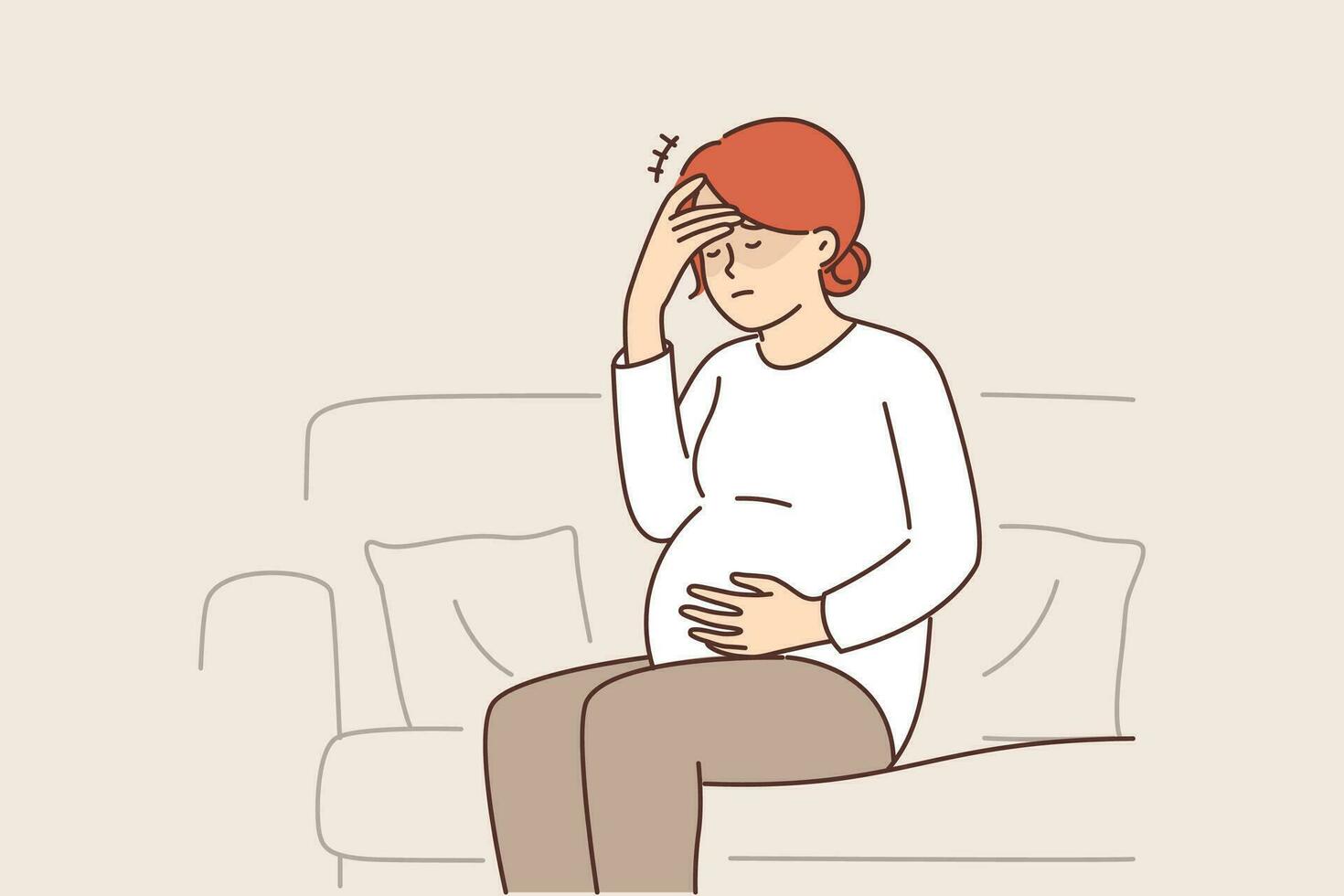 embarazada mujer sensación dolor de cabeza y migraña sentado en sofá y esperando para médico debido a prenatal complicaciones embarazada niña preparando a volverse madre necesidades en vitaminas para inmunidad vector