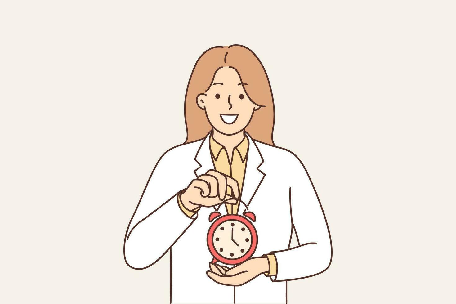 Woman doctor holding alarm clock recommending sticking to schedule for taking medications or visiting clinic. Female therapist in white coat reminds that its time to go to doctor. vector