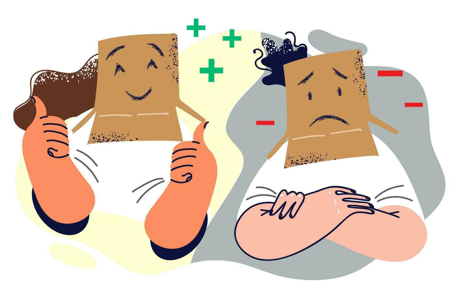 Emotional man and woman with different moods and boxes on heads demonstrate feedback or product review. Guy and girl show good or bad feedback on delivery service from courier company vector