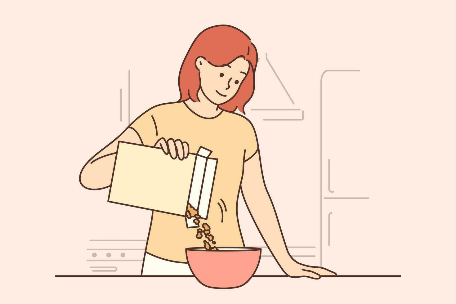 Woman is eating breakfast with cornflakes and holding box of muesli standing near kitchen table. Girl prepares healthy breakfast to refresh herself before going to work or university vector