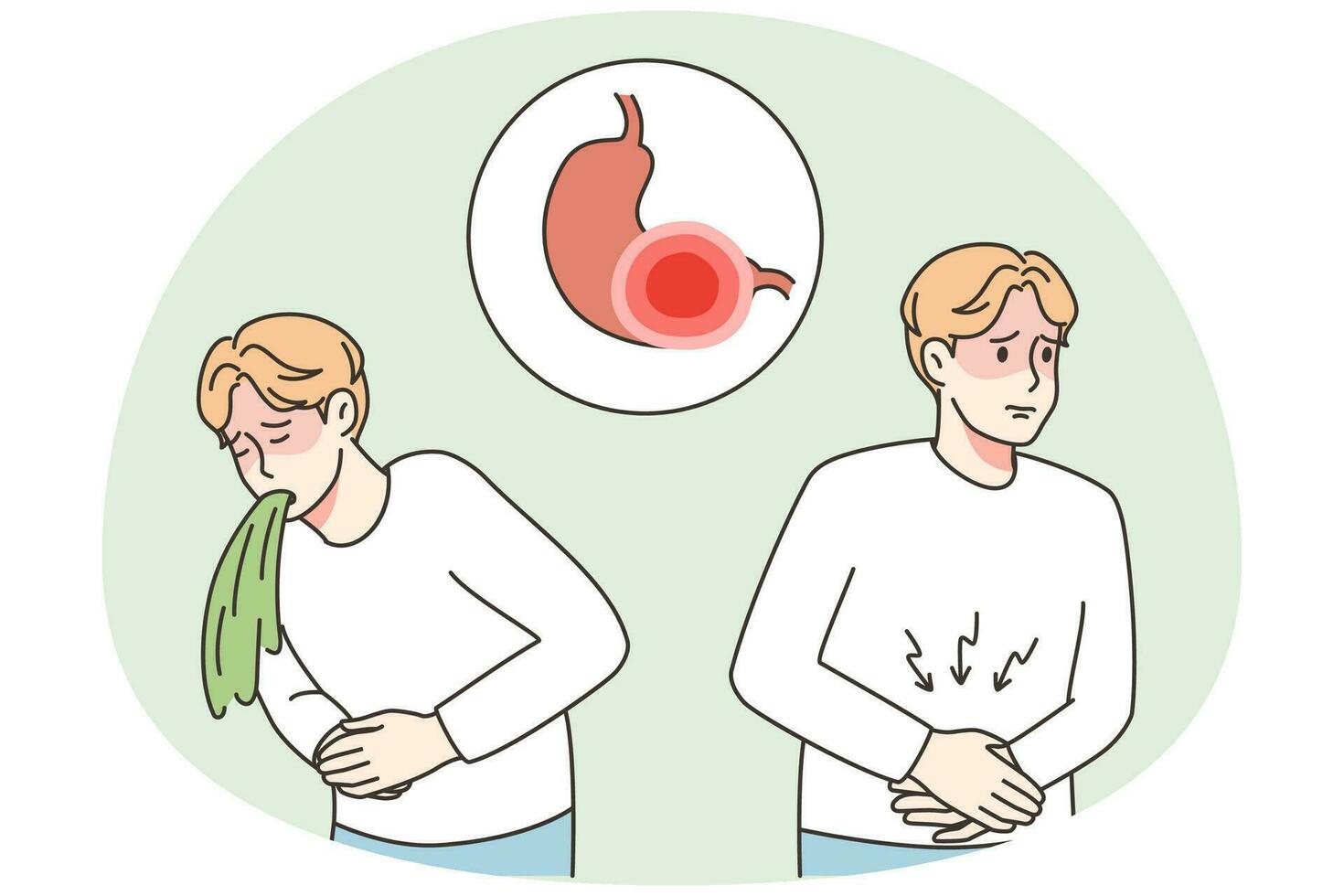 insalubre hombre sufrir desde dolor de estómago vomitar. indispuesto masculino personaje dificil con comida envenenamiento o indigestión. cuidado de la salud. vector ilustración.