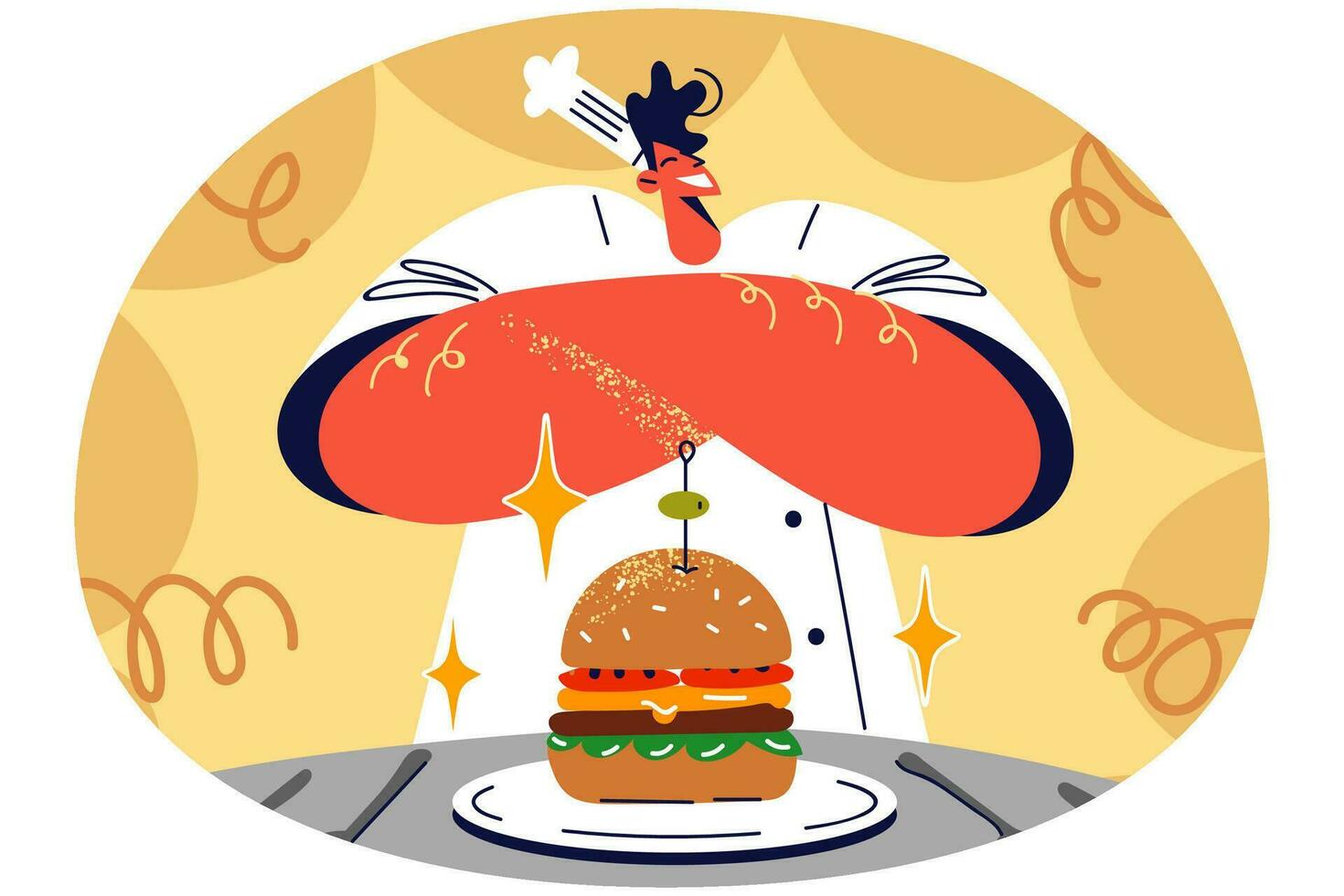 Proud male chef presenting gourmet delicious hamburger on plate in restaurant. Smiling man cook show burger in bar or cafe. Food and cuisine. Vector illustration.