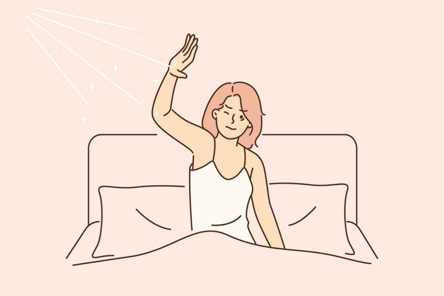 Mañana despertar de mujer insatisfecho con Dom rayos ese interferir con dormir en cama. niña dormido en cama en dormitorio despierta arriba debido a brillante Dom y carencia de cortinas bloqueo luz de sol vector