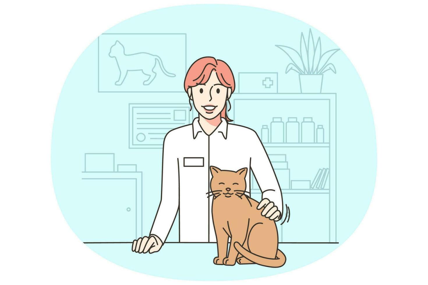 Smiling vet doctor with cat in clinic. Happy female veterinarian caressing pet in hospital. Good quality medical service for pets. Vector illustration.