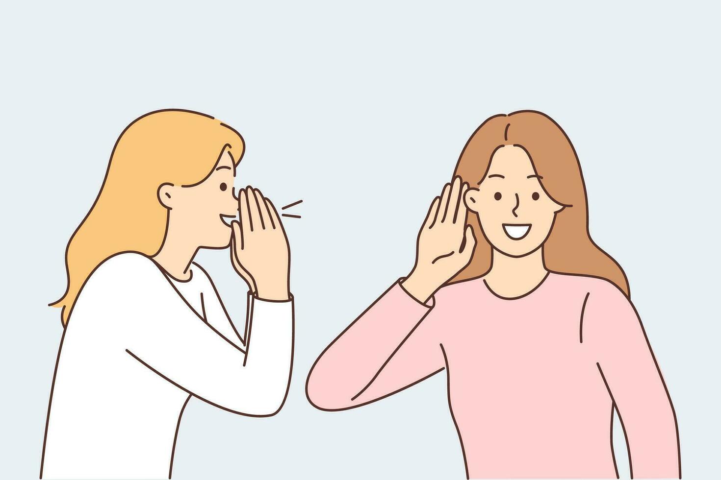 Woman screams to tell interesting news to female friend, puts hand to ear during conversation. Dialogue of beautiful girls exchanging gossip and secrets or telling life stories while conversation vector