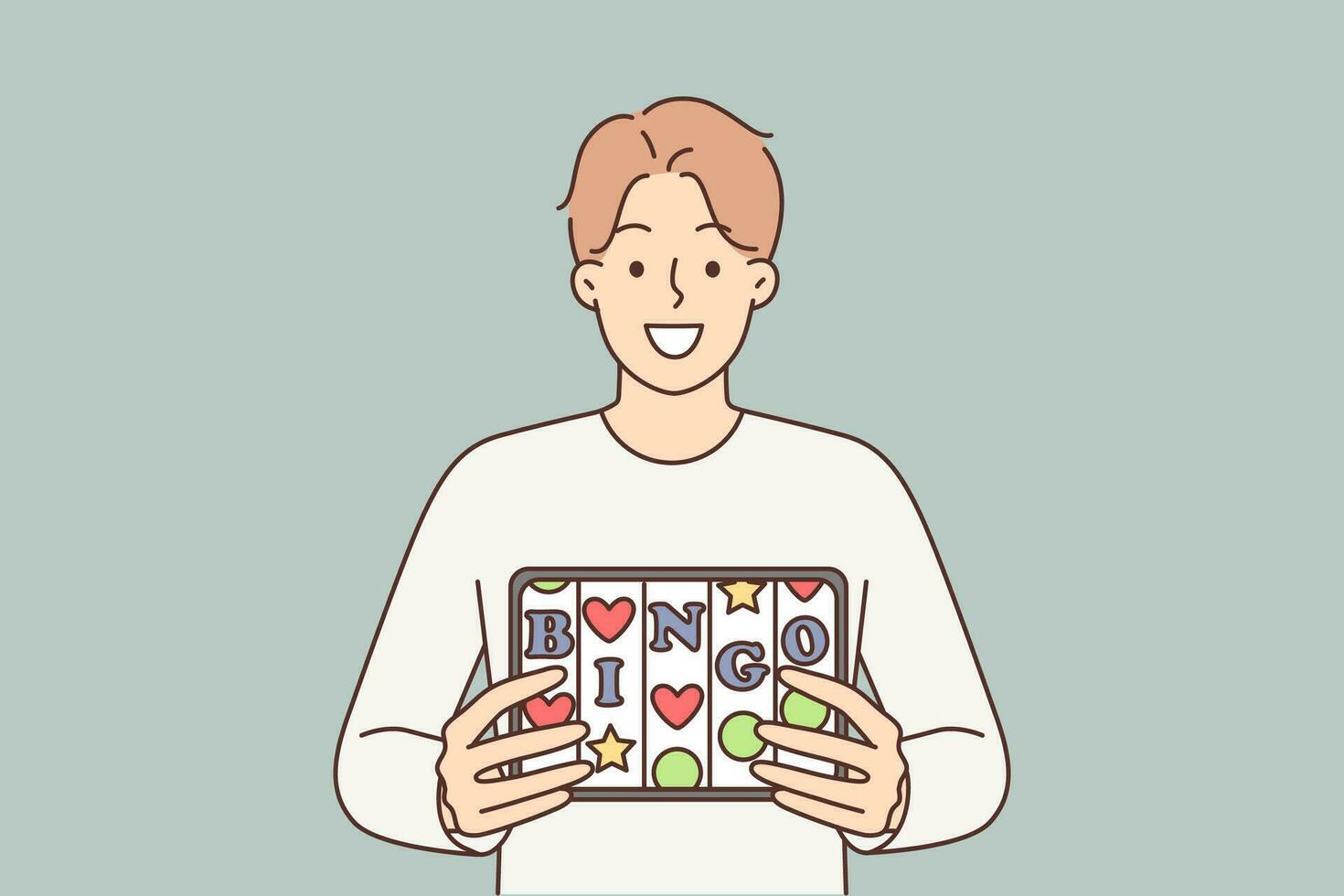 Bingo application in electronic tablet of man offering to visit online casino or try luck in lottery. Guy with smile demonstrates gadget with inscription bingo and slot machine cells vector