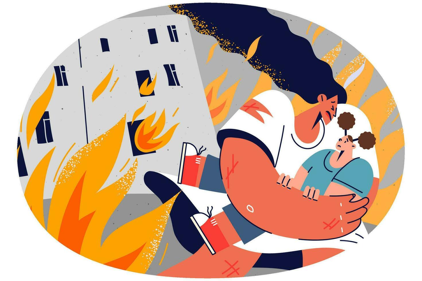 cuidando madre ahorro pequeño niño desde ardiente casa. sagrado preocupado mujer con niño en mano correr escapar desde edificio en fuego. vector ilustración.