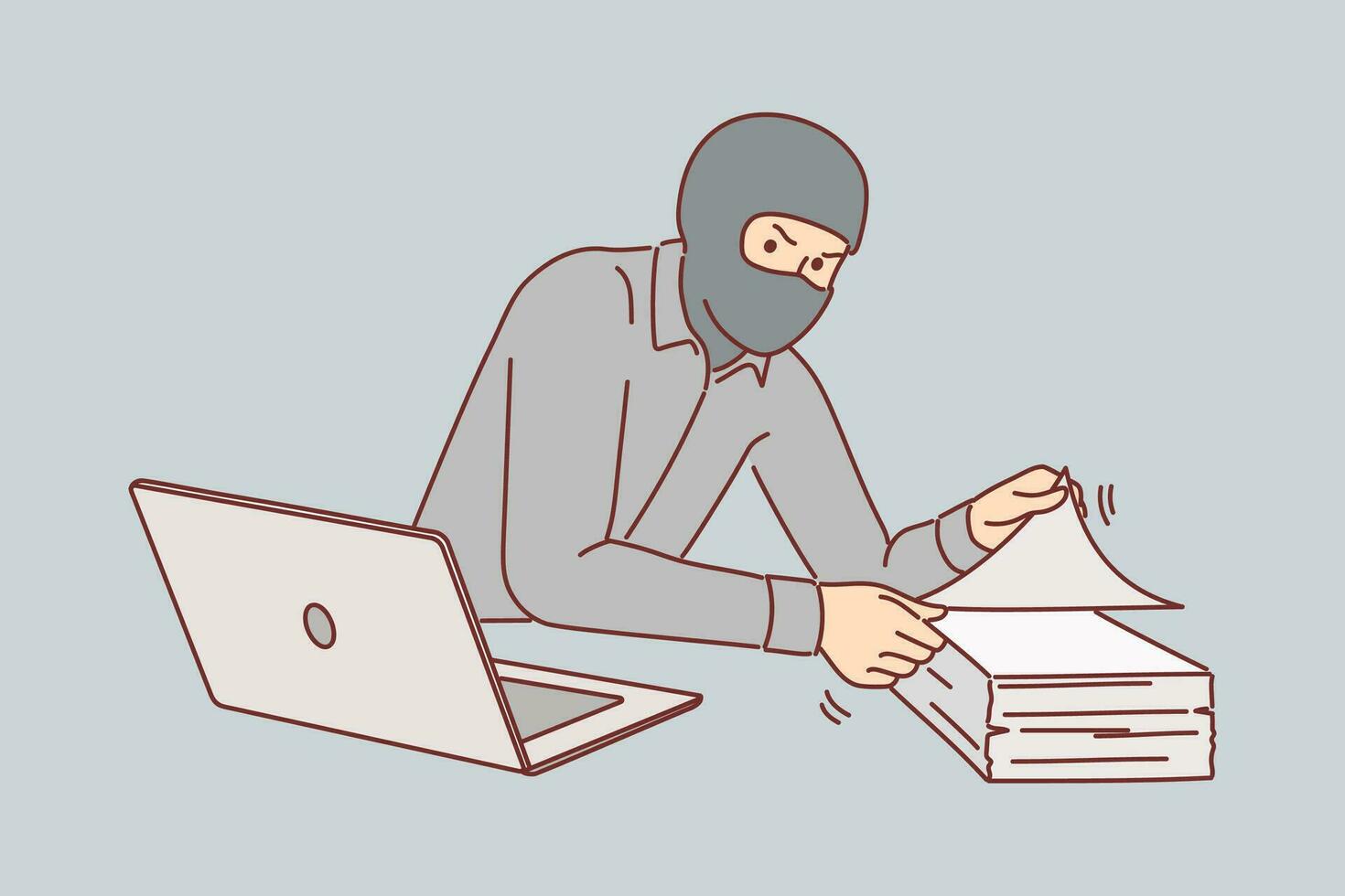 Man gangster steals documents from office building, wearing mask to hide face and remain anonymous. Concept of commercial espionage and trying to get insider documents about upcoming deals vector