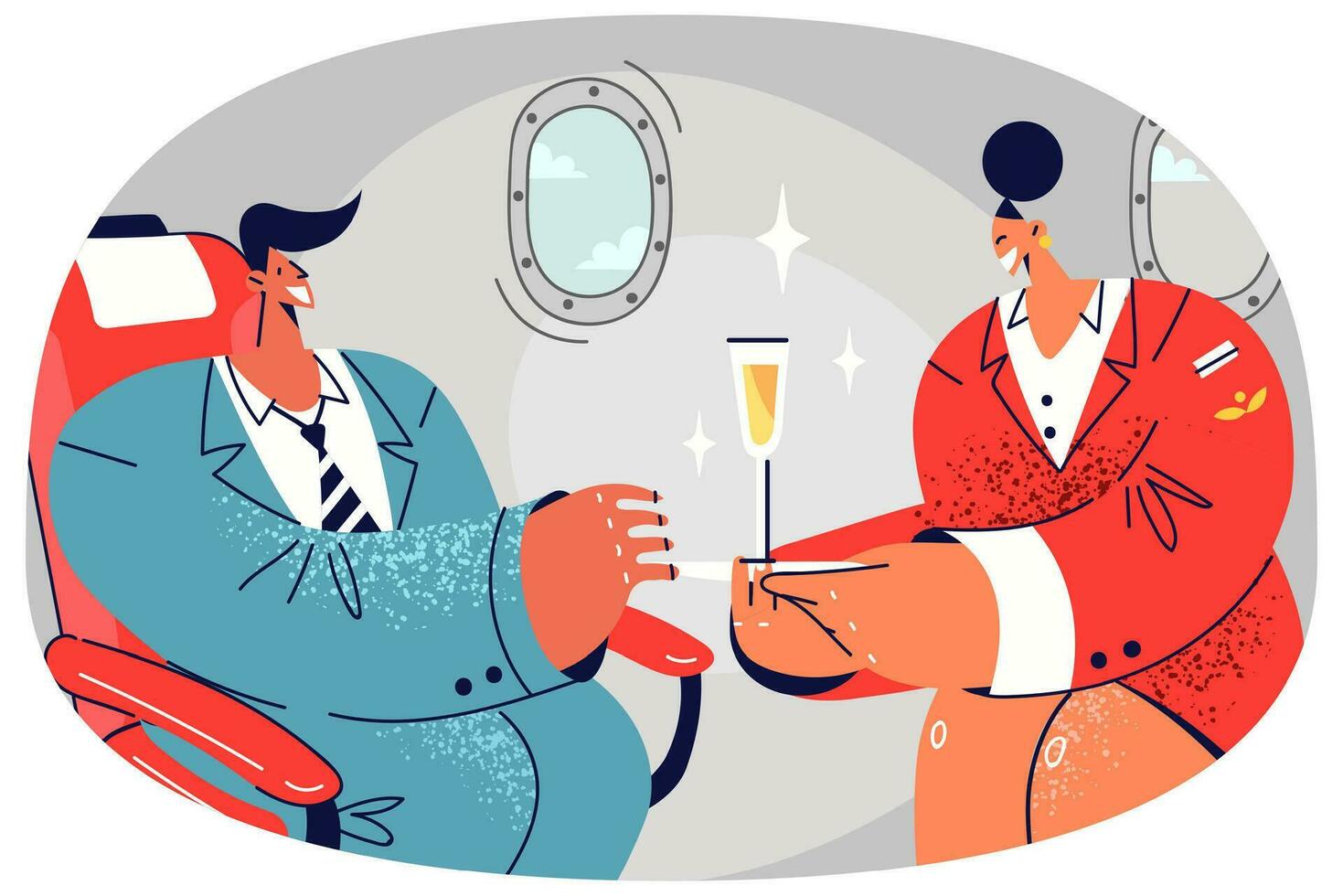 Smiling stewardess serve rich businessman in business class on flight. Caring aircraft crew bring champagne to male traveler in first class in plane. Vector illustration.