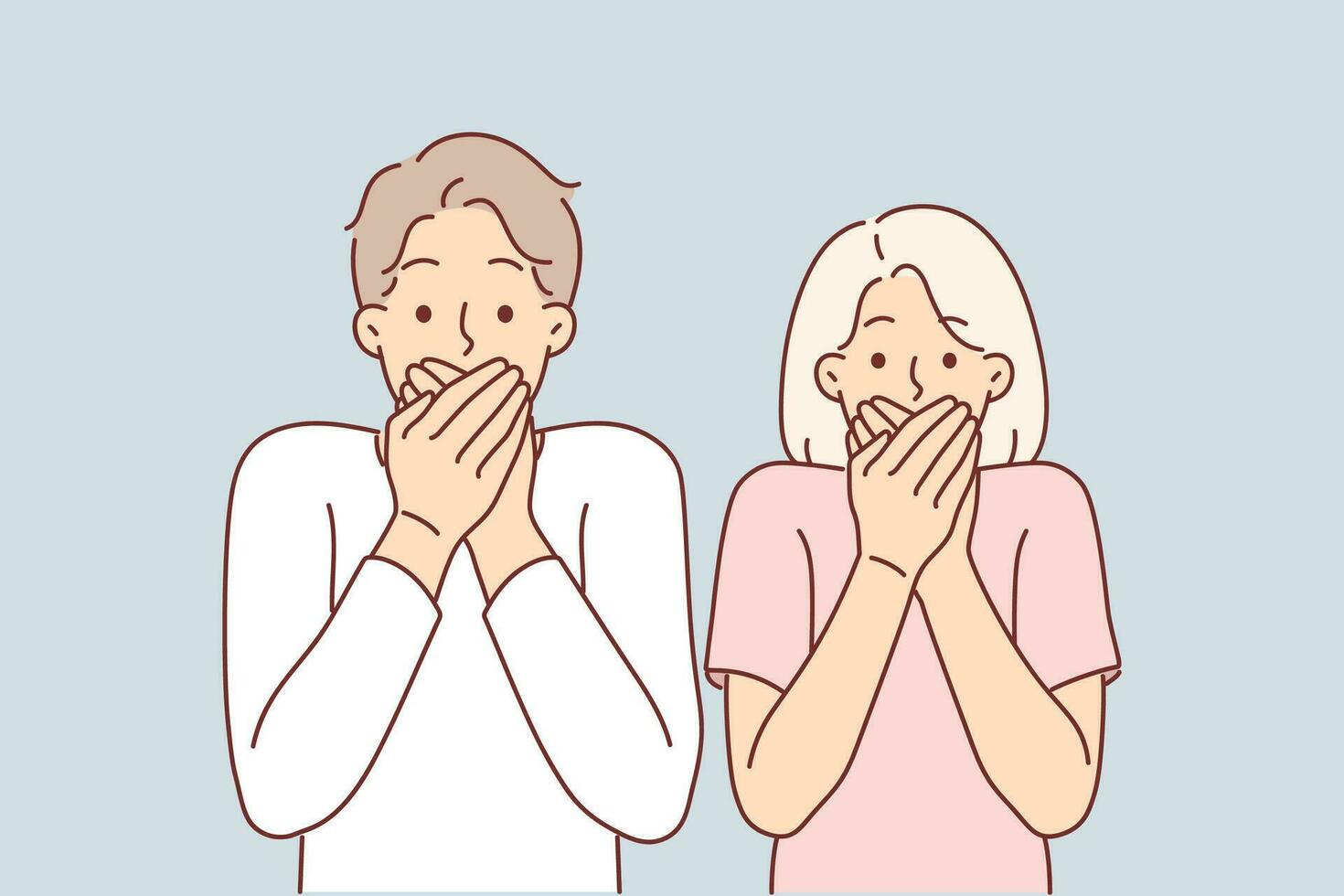 Frightened couple covers mouths after seeing unexpected incident and looks at screen showing shock emotions. Frightened man and woman in casual clothes feeling shock after hearing breaking news vector